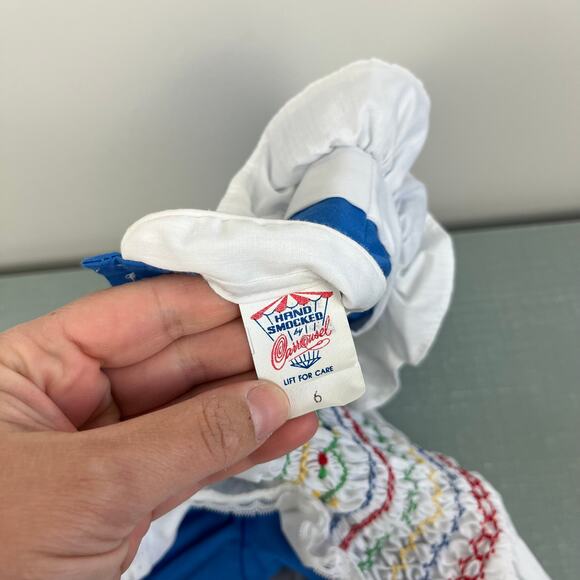 Vintage Hand Smocked by Carousel Blue Pinafore Ruffle Dress 6 - Picture 5 of 10